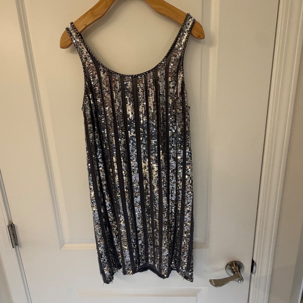 Haute Hippie Silk Sequin Mini Dress Grey Silver Striped Sleeveless XS RN125324